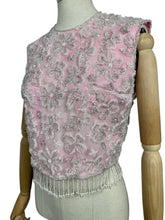 Load image into Gallery viewer, Original 1960’s Stephen Chu Hong Kong Pink and Silver Heavily Beaded Blouse with Back Zip and Fringed Hem - Bust 34 36