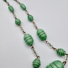 Load image into Gallery viewer, Original Art Deco Green Satin Glass Necklace with Clear Spacers