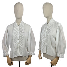Load image into Gallery viewer, Vintage 1970's 1980's White Chiffon Blouse with Lace Bodice and Cuff Trim - Bust 38 40