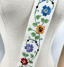 Load image into Gallery viewer, Original 1930's Embroidered Cream Linen Belt with Blue Buckle - Silk Flowers in Red, Purple, Mustard, Blue and Orange