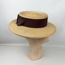 Load image into Gallery viewer, Original 1940’s Natural Straw Hat with Wide Brown Grosgrain Trim and Bow - Perfect Summer Hat