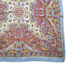 Load image into Gallery viewer, Original Large 1940's Blue Crepe Scarf with Paisley Design in Purple, Mustard, Red, Black and White - Great Headscarf *