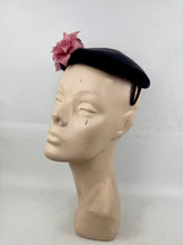 Load image into Gallery viewer, Original 1950's Dark Blue Lacquered Straw and Velvet Hat with Pink Floral Trim