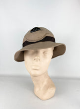 Load image into Gallery viewer, Original 1930's Taupe Seamed Felt Hat with Dark Brown Grosgrain Bow and Early Plastic Trim
