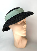 Load image into Gallery viewer, Original Late 1940's Black Straw Hat with Seafoam Green Grosgrain Trim *