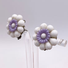 Load image into Gallery viewer, Original 1950's White and Purple Glass Flower Clip on Earrings
