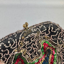 Load image into Gallery viewer, Original 1930's Black Evening Bag with Bead and Sequin Decoration in Red, Green, Gold and Blue