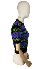 Load image into Gallery viewer, Reproduction 1940’s Hand Knitted Feather and Fan Striped Jumper in Black, Purple, Teal and Neon Green - Bust 36 38 40 *