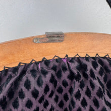 Load image into Gallery viewer, Original 1920's 1930's Dark Purple Silk Bag with Inky Black Flock Detailing and Wooden Frame