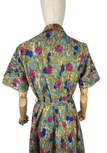 Load image into Gallery viewer, Original 1950's Bold Floral Crisp Cotton Belted Chore Dress by Banner - Blue with Pink Roses - Bust 40 *