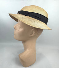 Load image into Gallery viewer, Original 1930's French Made Silk Lined Natural Straw Hat with Black Grosgrain and Metal Trim