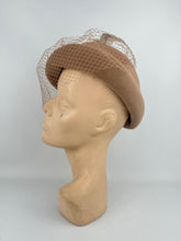 Load image into Gallery viewer, Original 1950's Light Brown Felt Hat with Half Face Net and Fluffy Feather Trim *