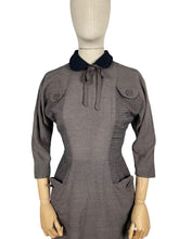 Load image into Gallery viewer, Original 1950's Grey Wiggle Dress with Black Accent Collar and Bow Trim at the Neck - Bust 34