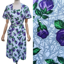Load image into Gallery viewer, Original 1940’s 1950’s Belted Rose Print Cotton Day Dress in Grey, Purple and Green - Bust 40