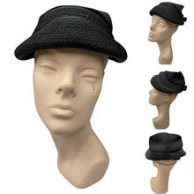 Load image into Gallery viewer, Original 1950's Inky Black Bonnet Hat in Straw and Grosgrain with Neat Bow Trim