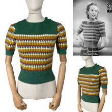 Load image into Gallery viewer, Reproduction 1940’s Hand Knitted Striped Jumper in Green, Rust, White, Mustard and Lime - Bust 32 34