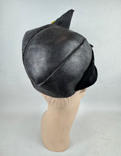 Load image into Gallery viewer, Original 1930's Black Straw Hat with Velvet and Feather Trim by Woods of Colwyn Bay *