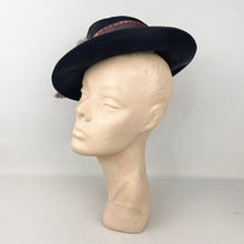Load image into Gallery viewer, Original 1940's Black Straw Tilt Hat with Bronze Grosgrain Trim