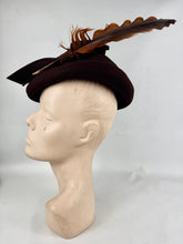 Load image into Gallery viewer, Original 1940's Warn Brown Felt Hat by Jacoll with Large Bow Trim and Chestnut Brown Feather