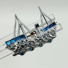 Load image into Gallery viewer, Vintage 1950's Painted Punched Steel Boat Brooch with Paste Detail in Red and Blue