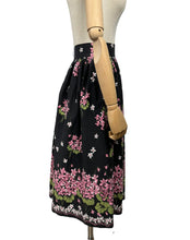 Load image into Gallery viewer, Original 1950's Floral Border Print Skirt in Black, Pink, White and Green Featuring Violets - Waist 24" *
