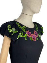 Load image into Gallery viewer, Original 1940's Ellen Kaye Original Black Crepe Cocktail Dress with Floral Sequin Detail in Pink and Green - Bust 32 34