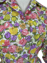 Load image into Gallery viewer, Original 1950’s Volup Vibrant Floral Day Dress in Orange, Purple, Yellow and Green on White - Bust 44