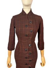 Load image into Gallery viewer, Original 1950's Brown and Rust Wool Plaid Wiggle Dress with Amazing Button Detail - Bust 32 *