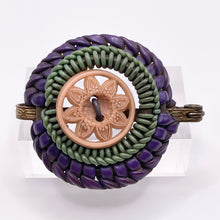 Load image into Gallery viewer, Original 1940's Purple, Green and Pink Wartime Make Do and Mend Wirework Brooch with Flower Button Middle *