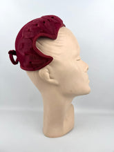 Load image into Gallery viewer, Original 1950's Burgundy Felt Hat with Bow Trim and Pleated Mesh Detail by Jacoll