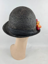 Load image into Gallery viewer, Original 1930's Black Straw Cloche Hat with Charming Red Cherry Trim *