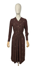 Load image into Gallery viewer, Original 1930’s Chocolate Brown Long Sleeved Crepe Day Dress with Button Back and Original Belt - Bust 34 36