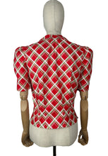 Load image into Gallery viewer, 1940's Reproduction Christmas Blouse In Red, Mint Green, White and Pink Vintage Check in Moda Cotton 'Deer Christmas' - Bust 34" 36"