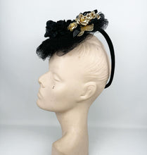 Load image into Gallery viewer, REPRODUCTION 1940's Black and Gold Net and Flower Topper Hat