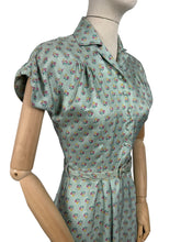 Load image into Gallery viewer, Original 1950's St Michael Sage Green Artificial Silk Belted Day Dress with Pretty Floral Print in Pink, Yellow and White - Bust 34 36 *