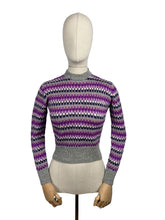 Load image into Gallery viewer, Reproduction 1930's Hand Knitted Long Sleeved Stripe Jumper in Silver Grey, Purple, White and Pink Pure Wool - Bust 34 36 *