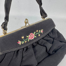 Load image into Gallery viewer, Original 1940's or 1950's Black Crepe Evening Bag with Rose Embroidery