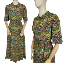 Load image into Gallery viewer, Original 1930's 1940's Green Crepe Day Dress with Floral Chevron Print in Red, Blue and Mustard