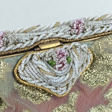 Load image into Gallery viewer, Original 1950's Gold Chiffon Bag with Beautiful Pink and White Beaded Frame and Clasp