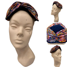 Load image into Gallery viewer, Original 1950's Midnight Blue Vevlet Hat with Bright Jersey Trim in Pink, Yellow, White and Purple