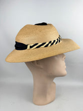 Load image into Gallery viewer, Original 1930's Natural Straw Hat with Navy and Ivory Grosgrain Trim