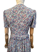 Load image into Gallery viewer, Original 1930's Floral Crepe Day Dress in Blue, Red and Green with Frill Trim - Bust 34