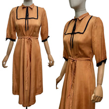 Load image into Gallery viewer, Original 1950's Caramel Coloured Grosgrain Belted Dress with Black Accent Trim - Bust 34 35
