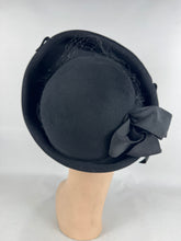 Load image into Gallery viewer, Original 1940's Black Felt Hat with High Brim, Net and Large Grosgrain Bow Trim