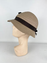 Load image into Gallery viewer, Original 1930's Taupe Seamed Felt Hat with Dark Brown Grosgrain Bow and Early Plastic Trim