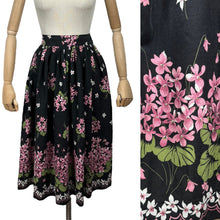 Load image into Gallery viewer, Original 1950's Floral Border Print Skirt in Black, Pink, White and Green Featuring Violets - Waist 24" *
