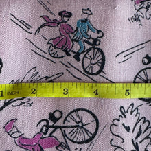 Load image into Gallery viewer, Original 1940's Novelty Print Pink Linen Dressmaking Fabric with Bicycles - 36"x 64"