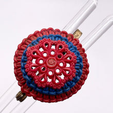Load image into Gallery viewer, Original 1940's Red and Blue Wartime Make Do and Mend Wirework Brooch with Flower Button Middle *