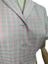 Load image into Gallery viewer, Original 1950's Crisp Cotton Belted Day Dress in Pink and Blue Plaid - Bust 36 37 *