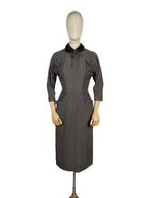 Load image into Gallery viewer, Original 1950's Grey Wiggle Dress with Black Accent Collar and Bow Trim at the Neck - Bust 34